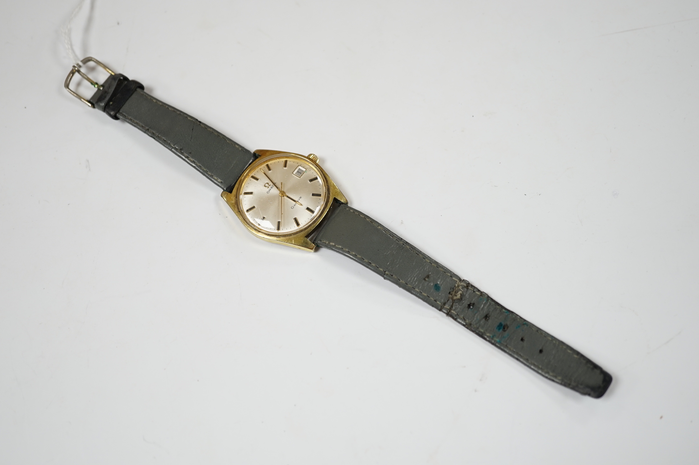 A gentleman's steel and gold plated Omega manual wind wrist watch, with date aperture, on associated strap, case diameter 35mm, no box or papers.